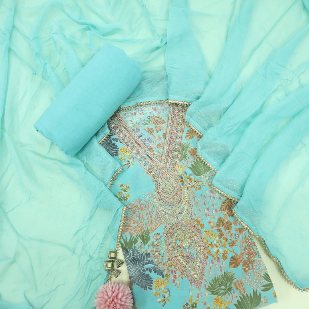 Adaakari Teal Blue Zari Embellish Neck Work Floral Print Modal Suit Set