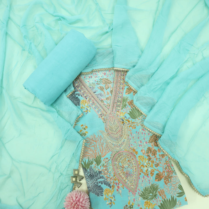 Adaakari Teal Blue Zari Embellish Neck Work Floral Print Modal Suit Set