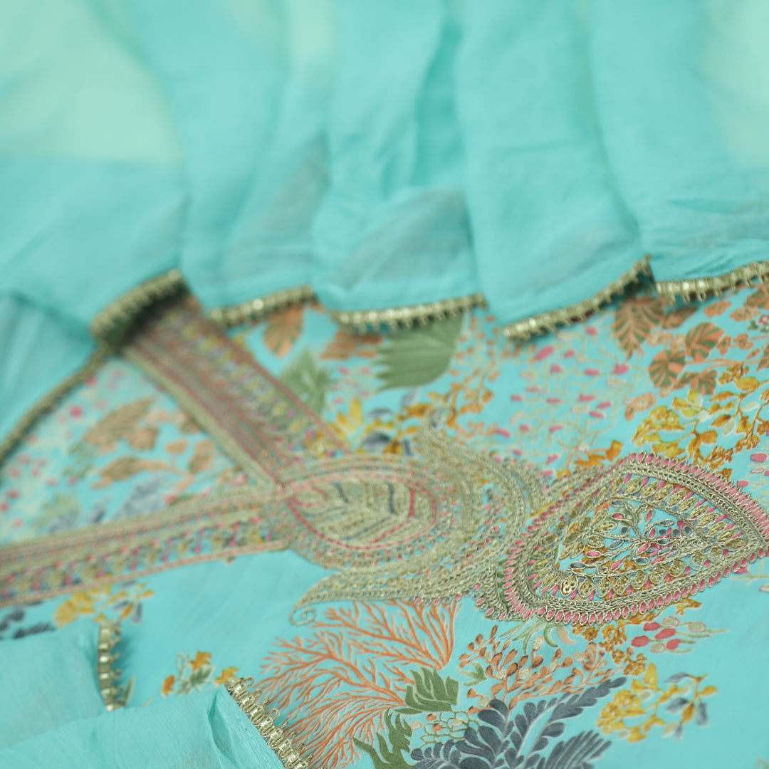 Adaakari Teal Blue Zari Embellish Neck Work Floral Print Modal Suit Set
