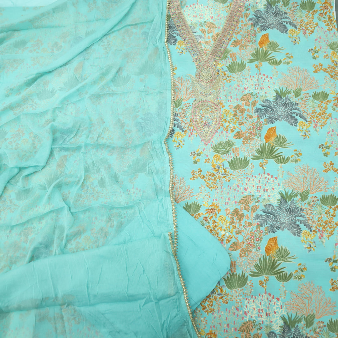 Adaakari Teal Blue Zari Embellish Neck Work Floral Print Modal Suit Set
