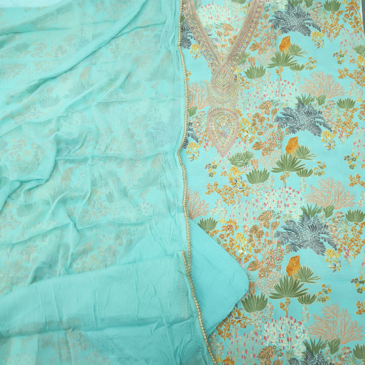 Adaakari Teal Blue Zari Embellish Neck Work Floral Print Modal Suit Set