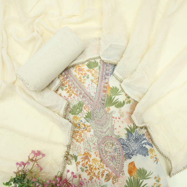 Adaakari Creamy White Zari Embellish Neck Work Floral Print Modal Suit Set