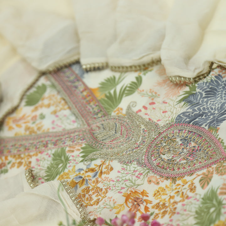 Adaakari Creamy White Zari Embellish Neck Work Floral Print Modal Suit Set