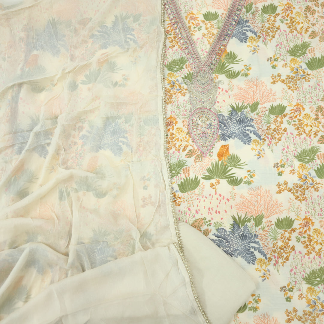 Adaakari Creamy White Zari Embellish Neck Work Floral Print Modal Suit Set