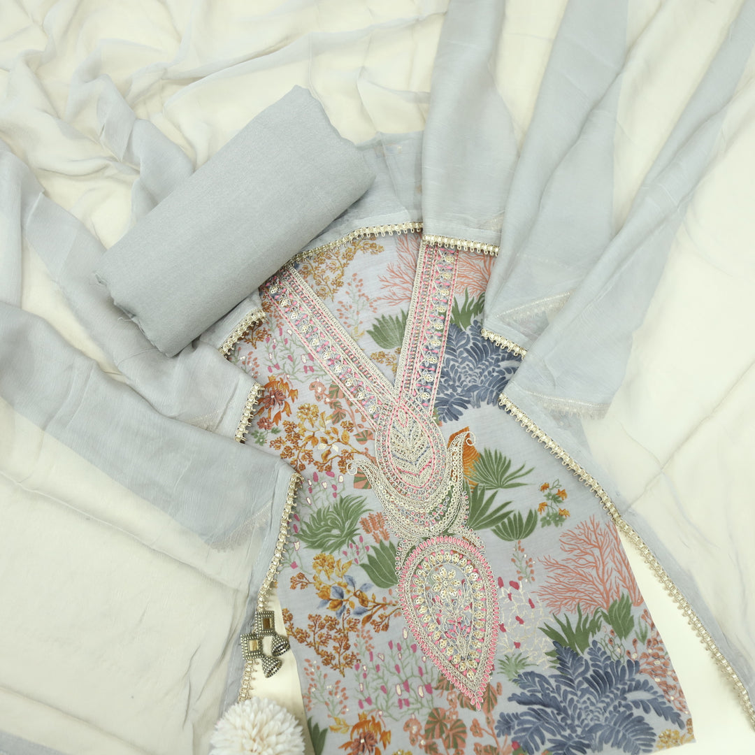 Adaakari Fossil Grey Zari Embellish Neck Work Floral Print Modal Suit Set