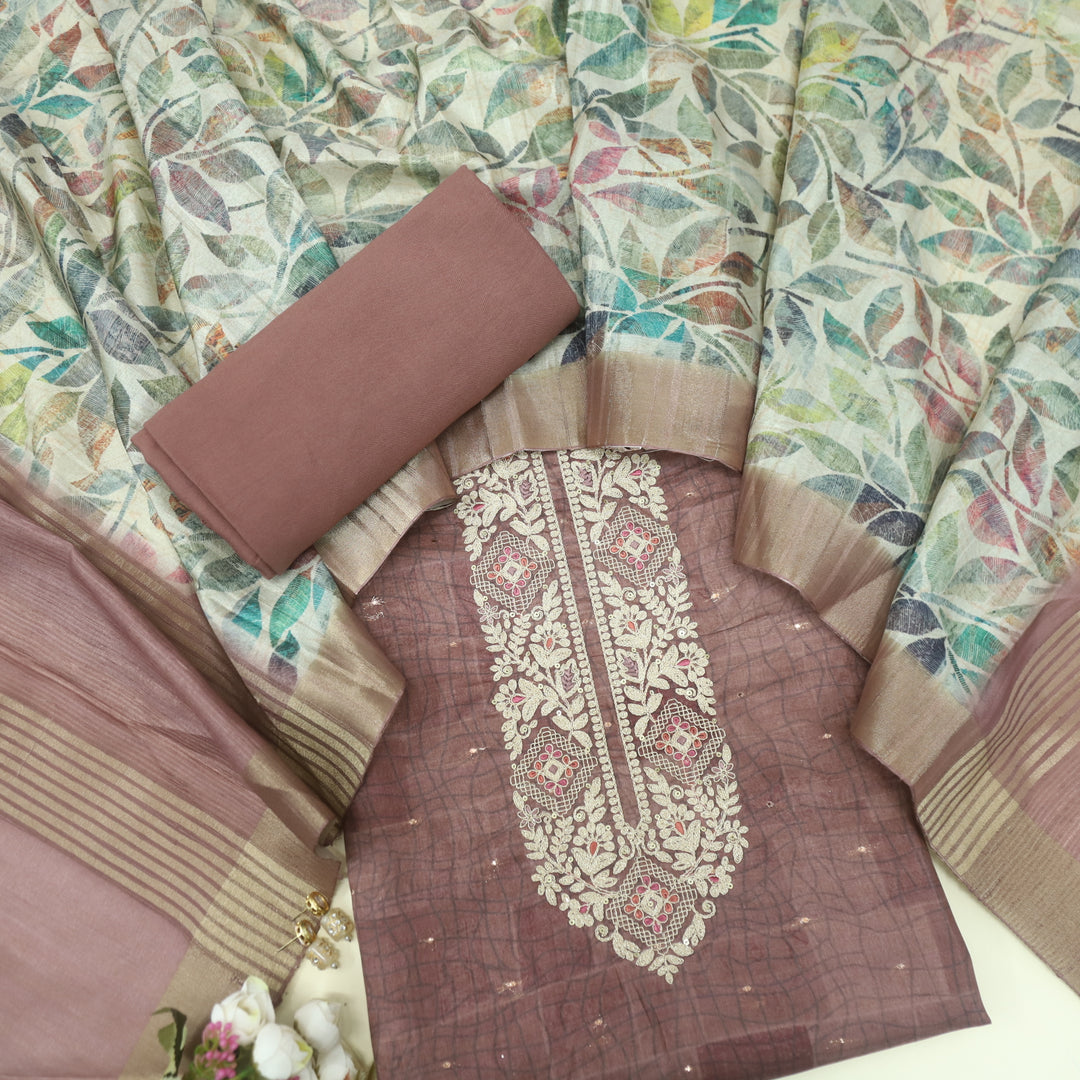 Bekhudi Brunette Brown Zari Embellish Neck Work Tussar Chanderi Suit Set D1