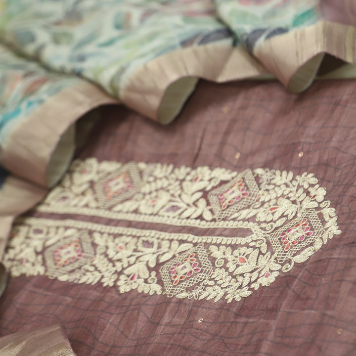 Bekhudi Brunette Brown Zari Embellish Neck Work Tussar Chanderi Suit Set D1