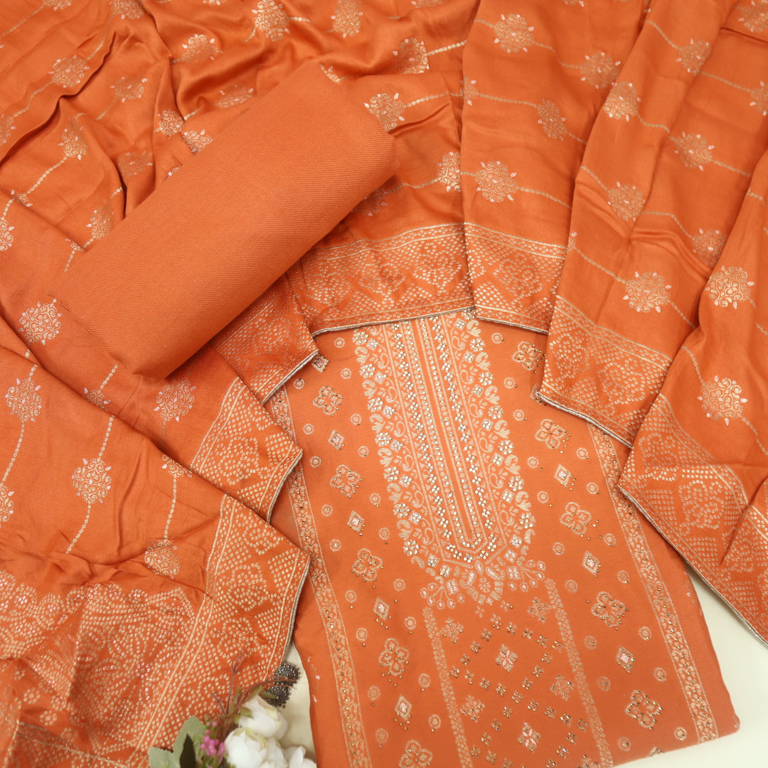 Masakali Tiger Orange Swarovski with Zari Weaved Semi Pashmina Suit Set