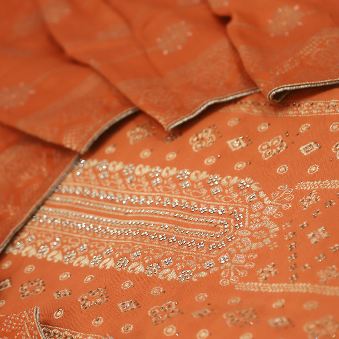 Masakali Tiger Orange Swarovski with Zari Weaved Semi Pashmina Suit Set