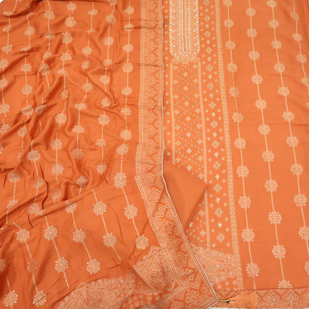 Masakali Tiger Orange Swarovski with Zari Weaved Semi Pashmina Suit Set