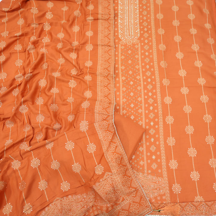 Masakali Tiger Orange Swarovski with Zari Weaved Semi Pashmina Suit Set