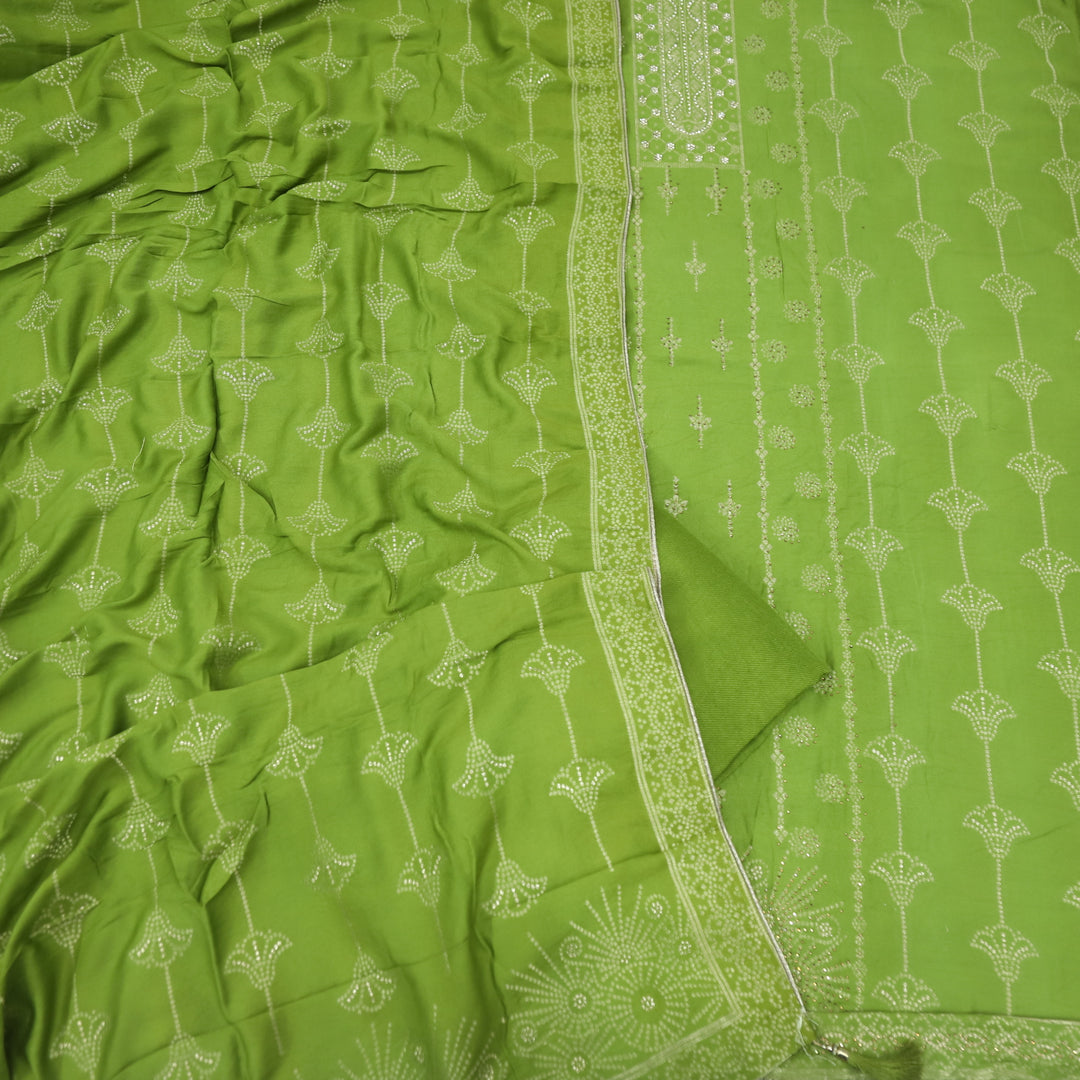 Masakali Pear Green Swarovski with Zari Weaved Semi Pashmina Suit Set