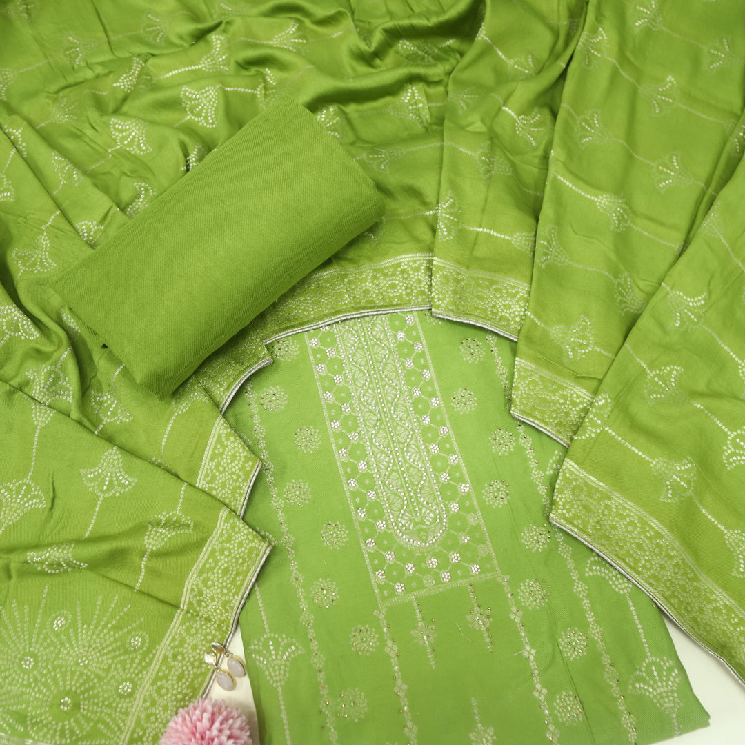Masakali Pear Green Swarovski with Zari Weaved Semi Pashmina Suit Set