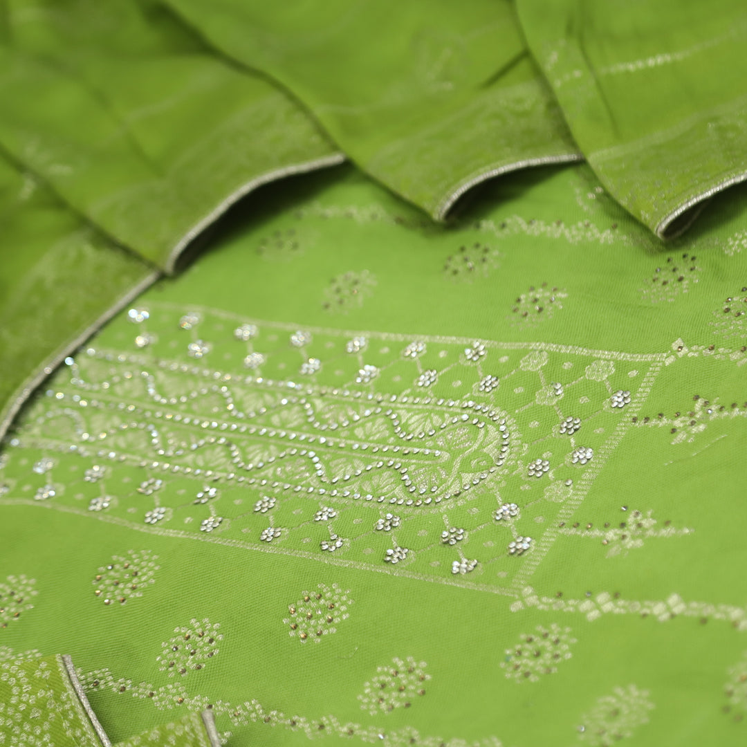 Masakali Pear Green Swarovski with Zari Weaved Semi Pashmina Suit Set