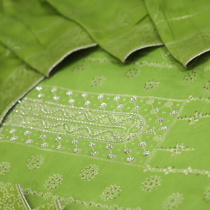 Masakali Pear Green Swarovski with Zari Weaved Semi Pashmina Suit Set