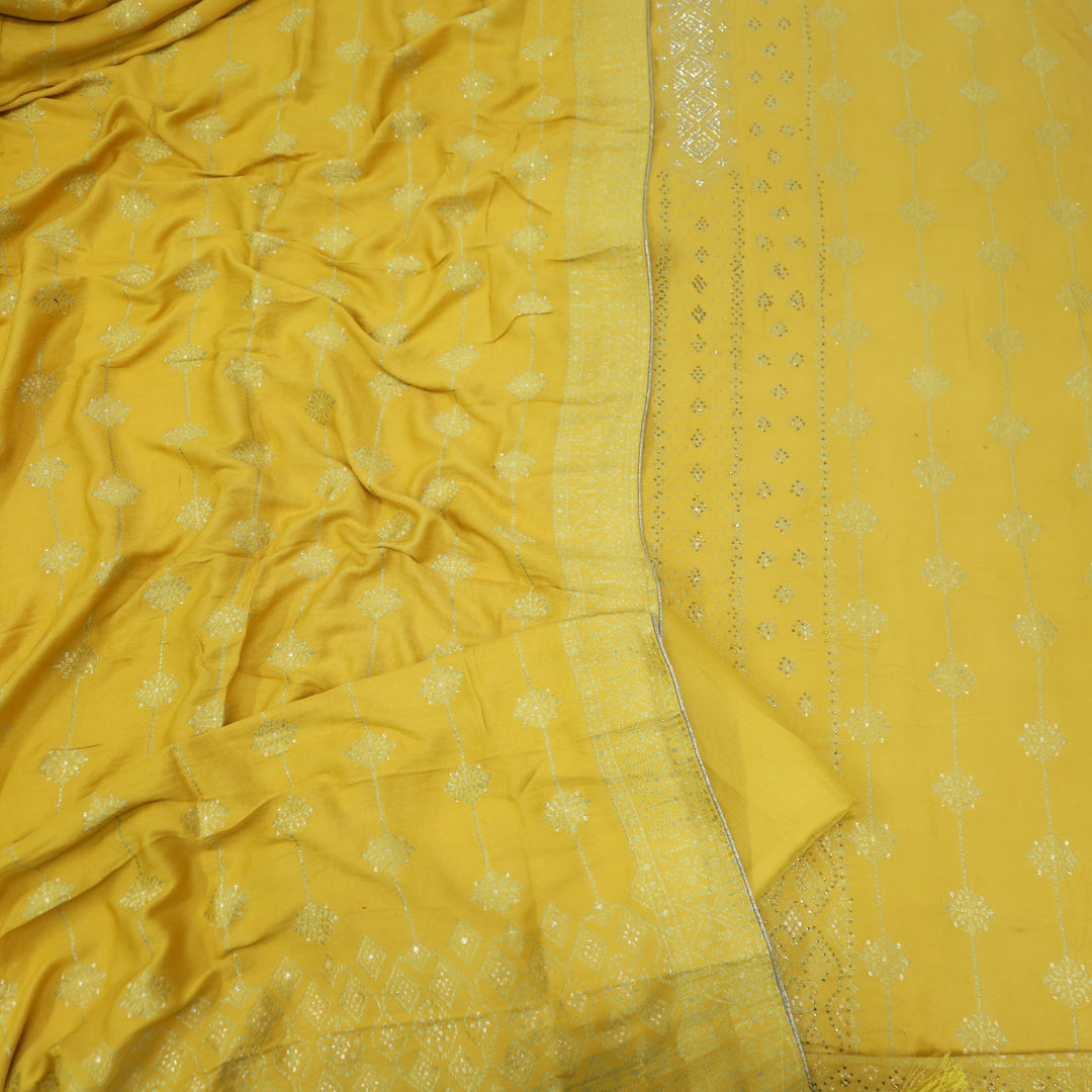 Masakali Honey Yellow Swarovski with Zari Weaved Semi Pashmina Suit Set