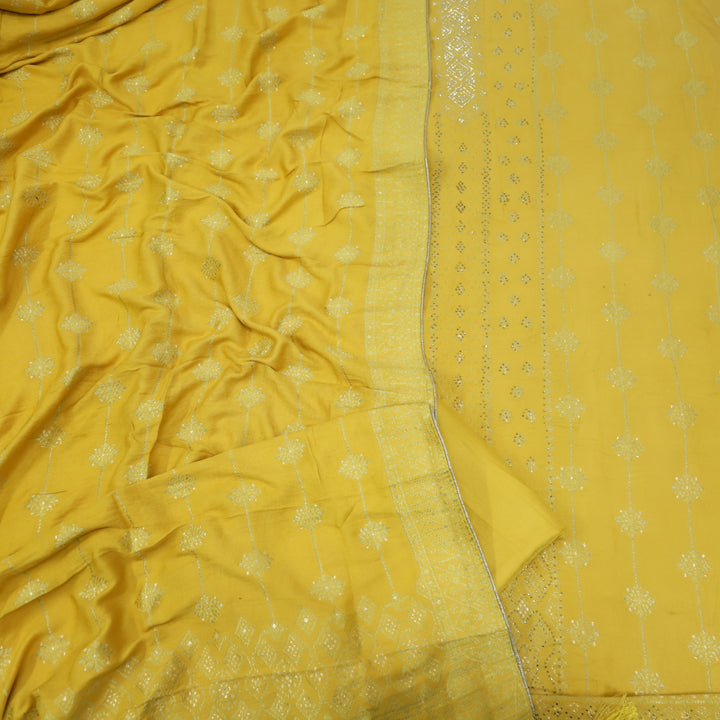 Masakali Honey Yellow Swarovski with Zari Weaved Semi Pashmina Suit Set