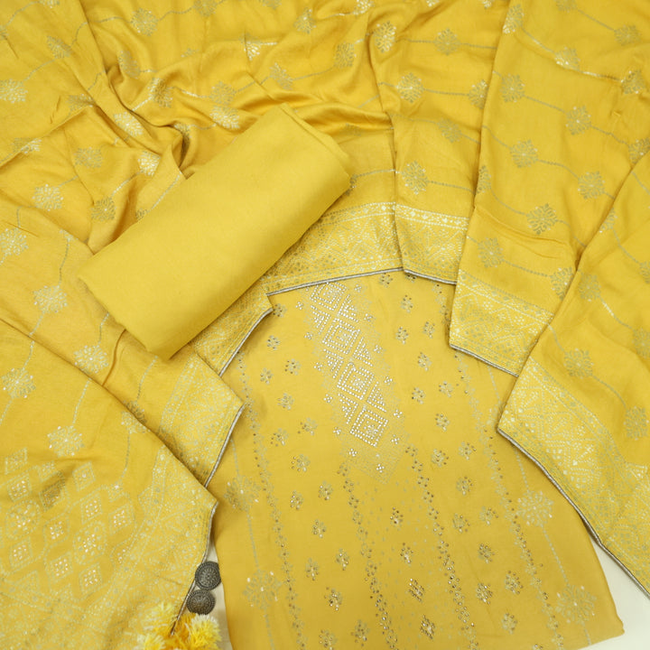 Masakali Honey Yellow Swarovski with Zari Weaved Semi Pashmina Suit Set