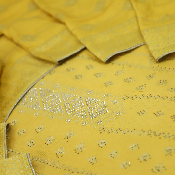Masakali Honey Yellow Swarovski with Zari Weaved Semi Pashmina Suit Set