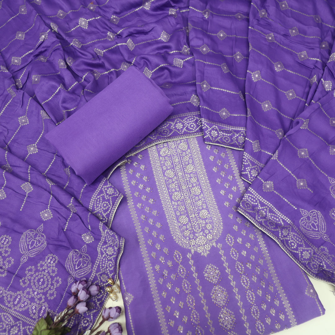 Masakali Grape Purple Swarovski with Zari Weaved Semi Pashmina Suit Set