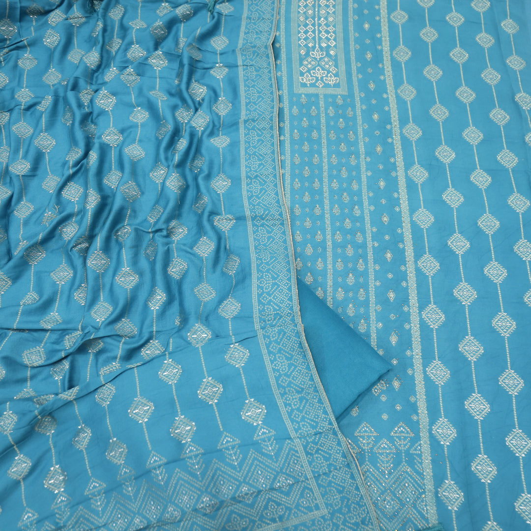 Masakali Celadon Blue Swarovski with Zari Weaved Semi Pashmina Suit Set