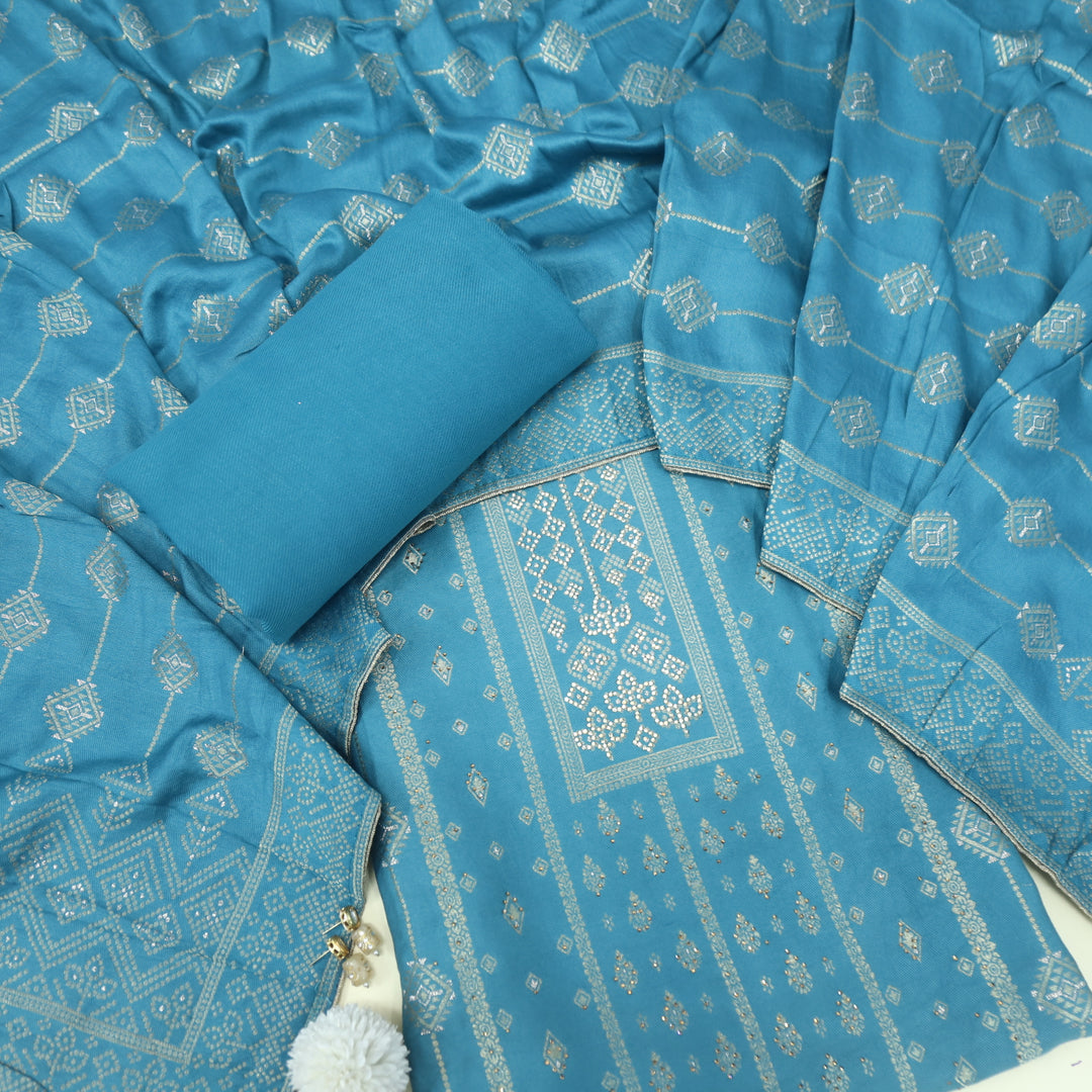 Masakali Celadon Blue Swarovski with Zari Weaved Semi Pashmina Suit Set