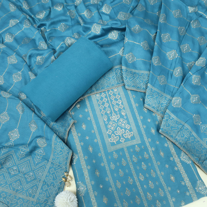 Masakali Celadon Blue Swarovski with Zari Weaved Semi Pashmina Suit Set