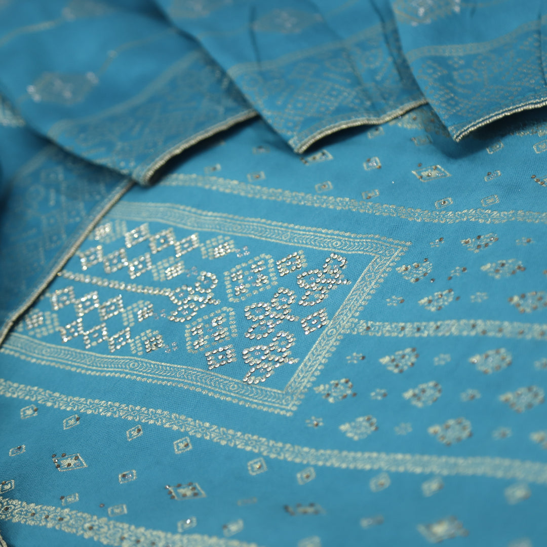 Masakali Celadon Blue Swarovski with Zari Weaved Semi Pashmina Suit Set