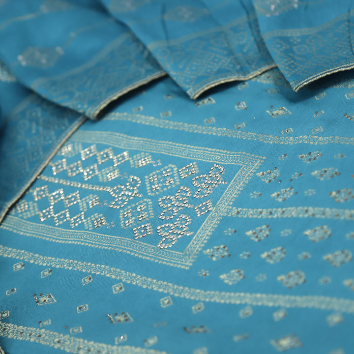 Masakali Celadon Blue Swarovski with Zari Weaved Semi Pashmina Suit Set