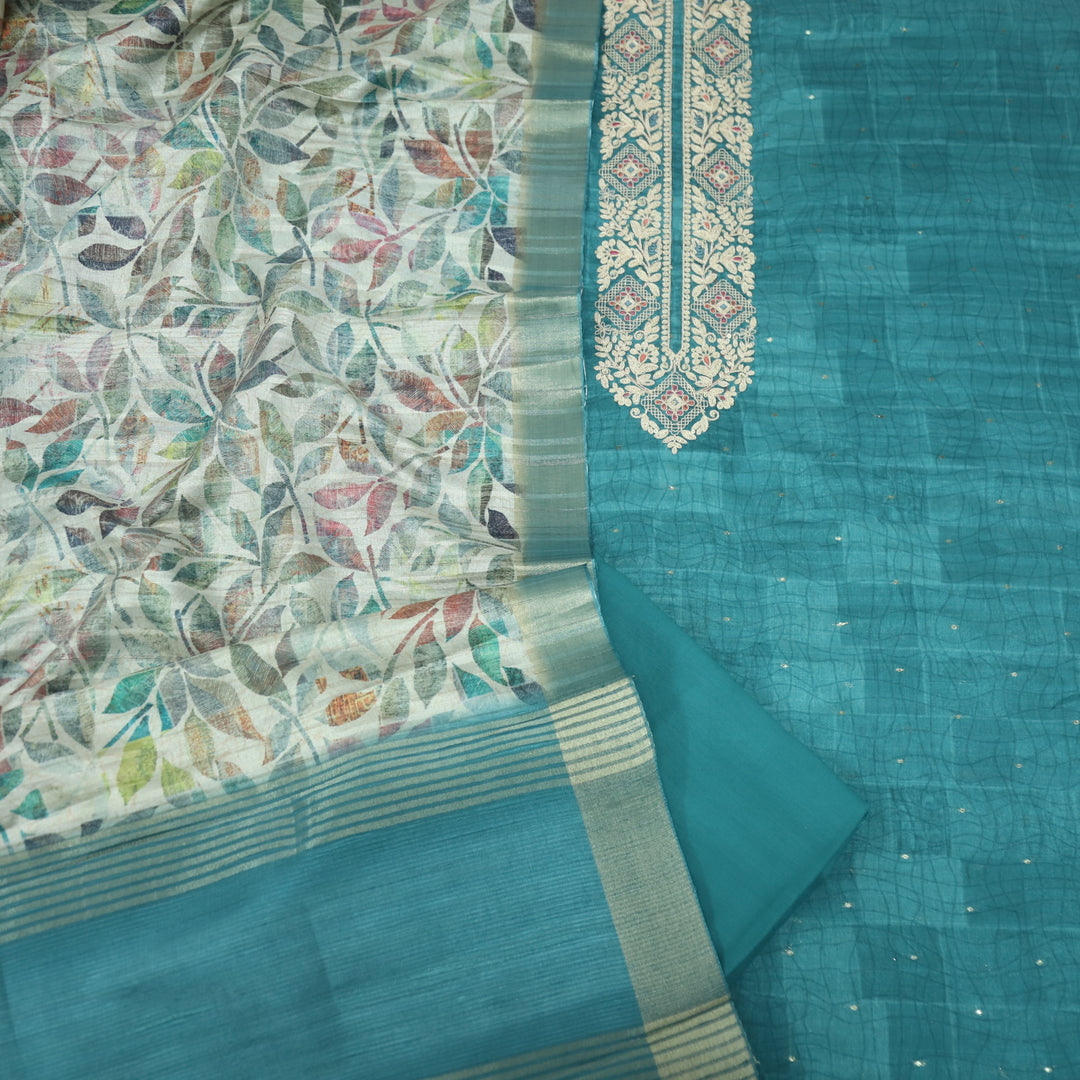 Bekhudi Teal Blue Zari Embellish Neck Work Tussar Chanderi Suit Set D1