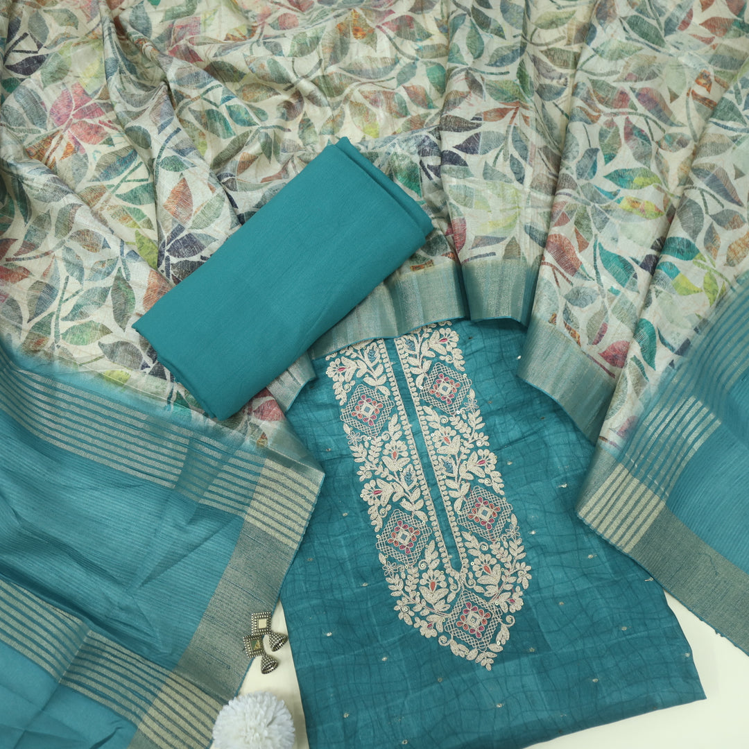Bekhudi Teal Blue Zari Embellish Neck Work Tussar Chanderi Suit Set D1