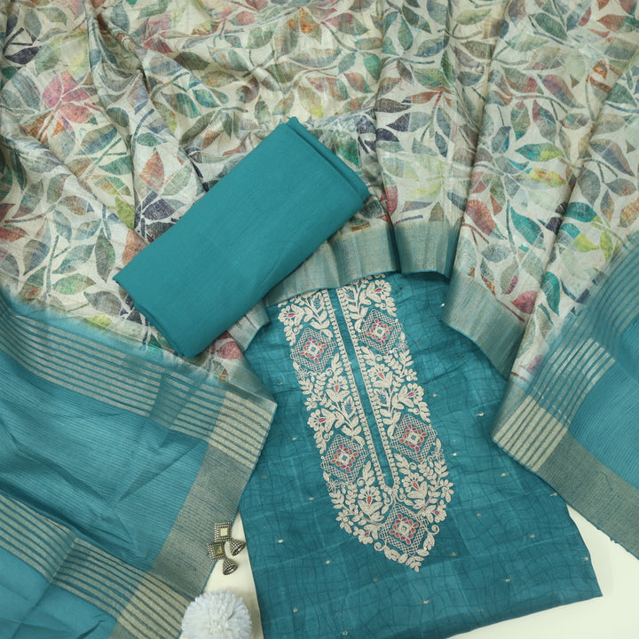 Bekhudi Teal Blue Zari Embellish Neck Work Tussar Chanderi Suit Set D1