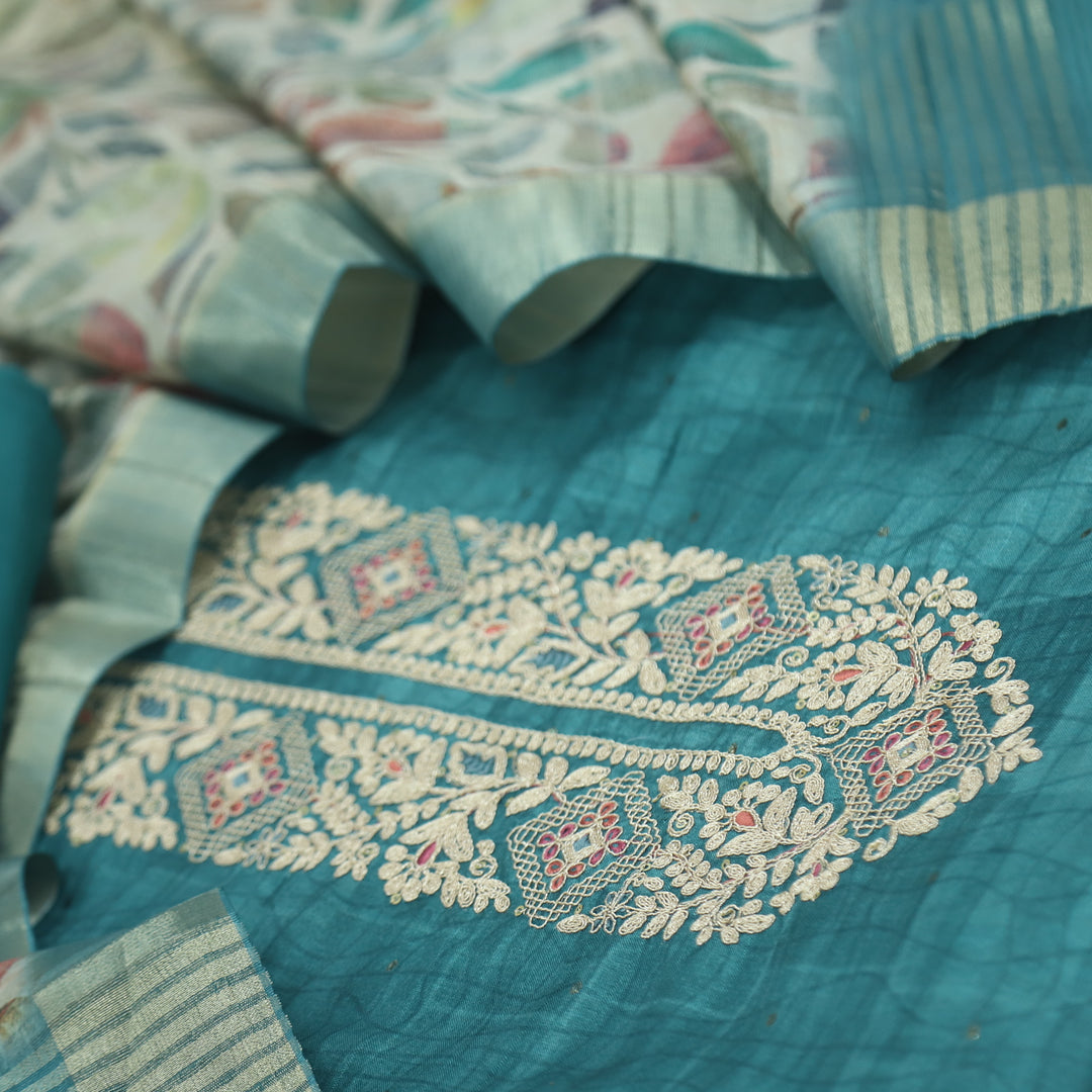 Bekhudi Teal Blue Zari Embellish Neck Work Tussar Chanderi Suit Set D1