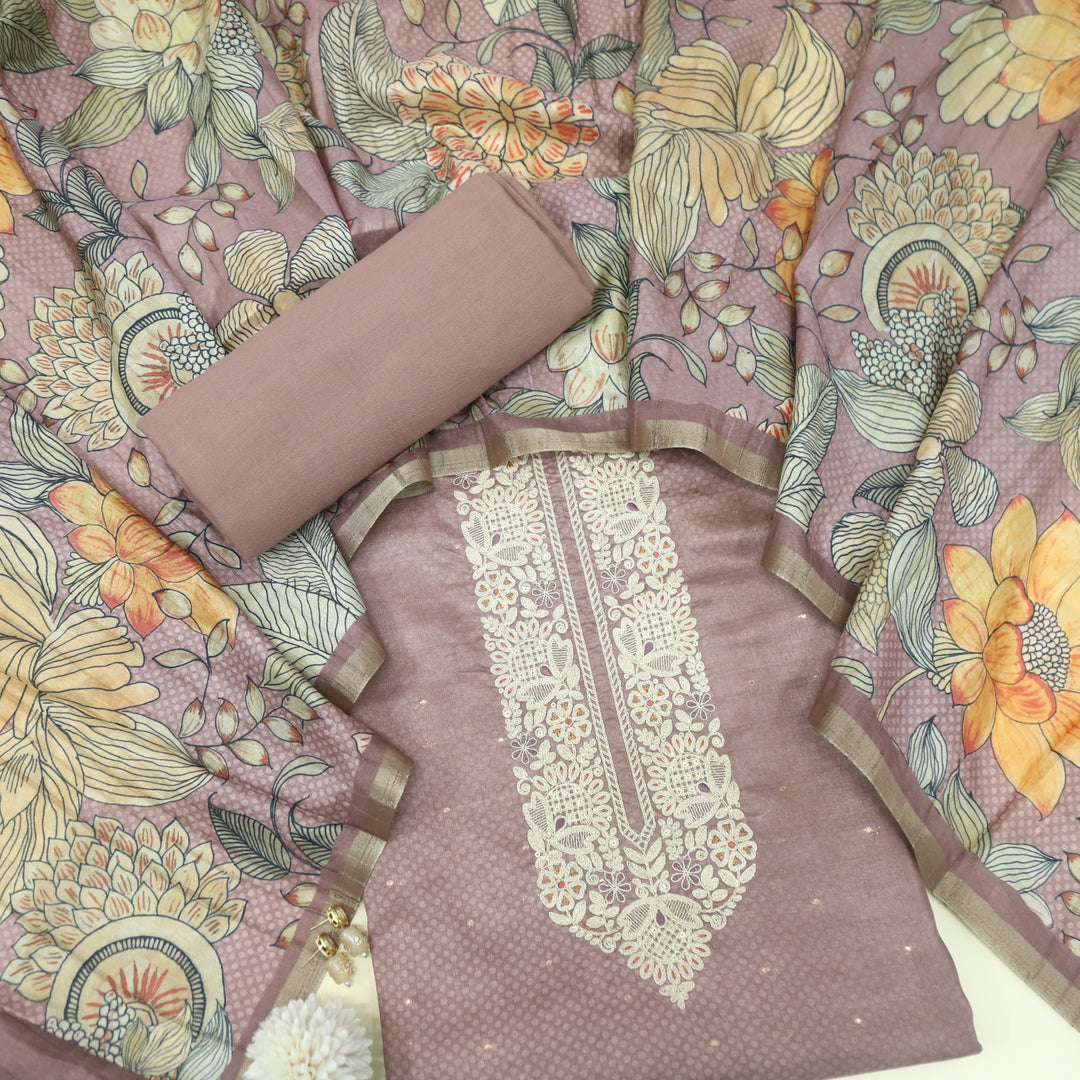 Bekhudi Walnut Brown Zari Embellish Neck Work Tussar Chanderi Suit Set D2