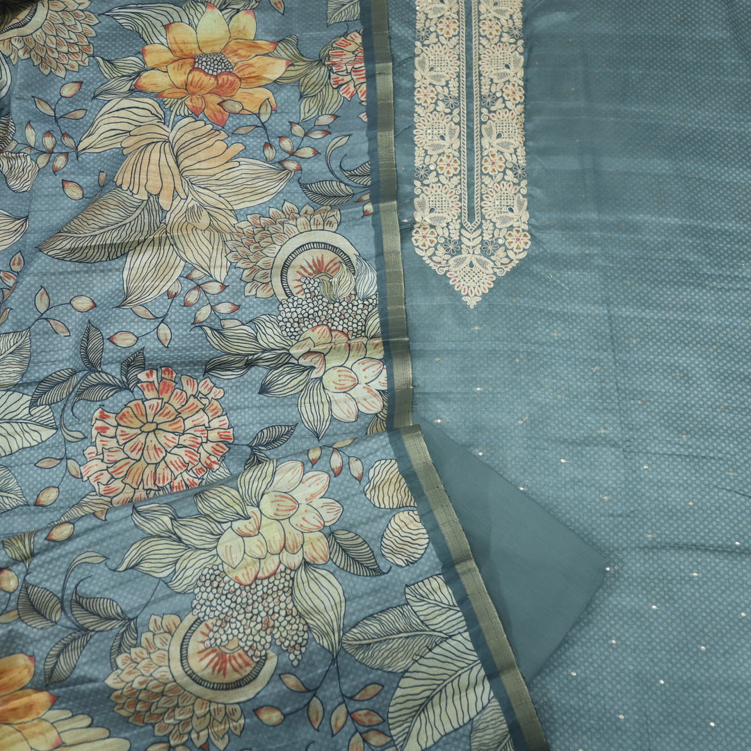 Bekhudi Sage Grey Zari Embellish Neck Work Tussar Chanderi Suit Set D2