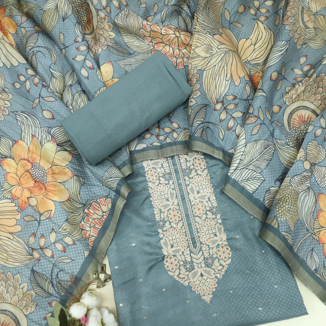 Bekhudi Sage Grey Zari Embellish Neck Work Tussar Chanderi Suit Set D2