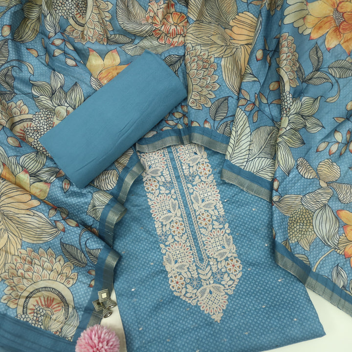 Bekhudi Ocean Blue Zari Embellish Neck Work Tussar Chanderi Suit Set D2