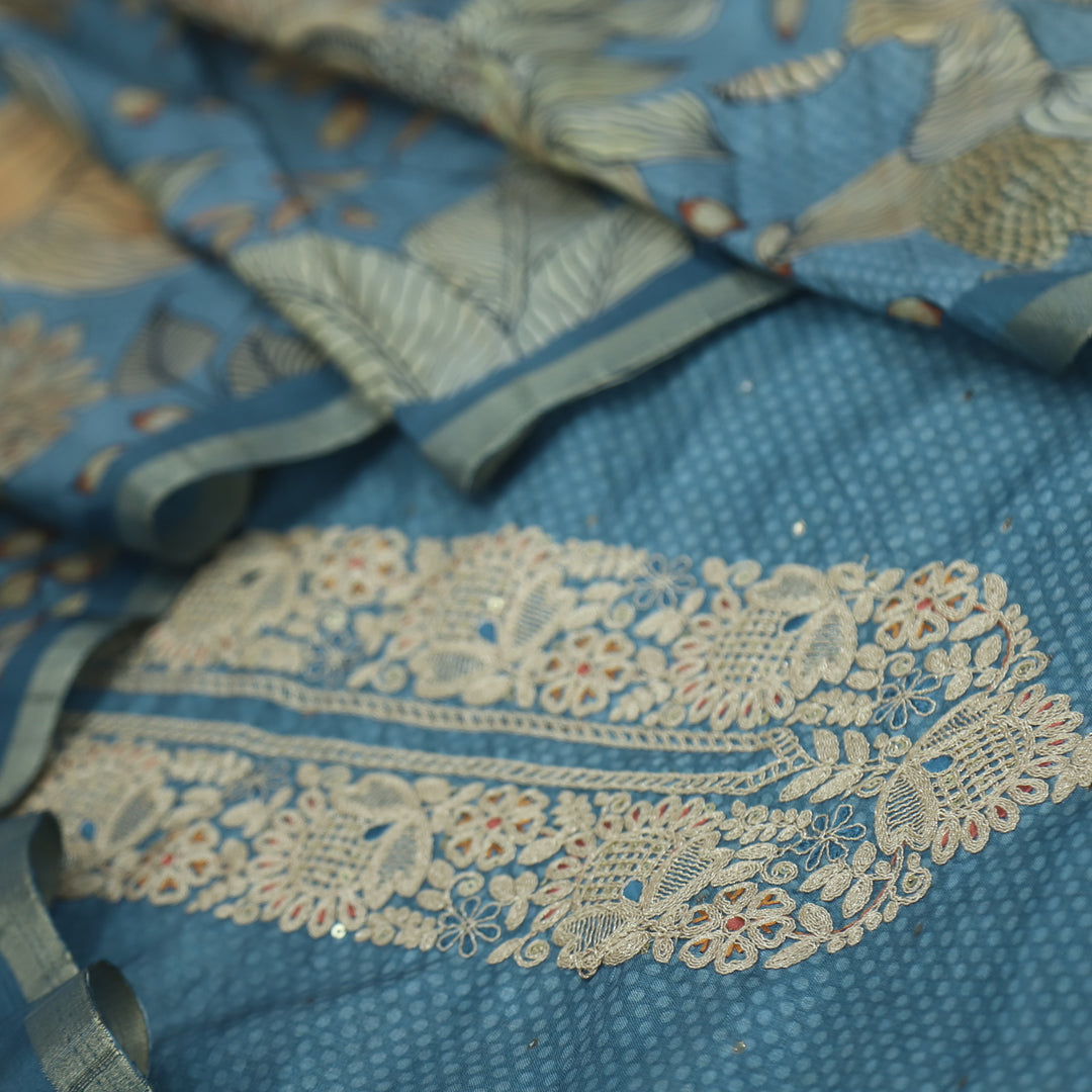 Bekhudi Ocean Blue Zari Embellish Neck Work Tussar Chanderi Suit Set D2