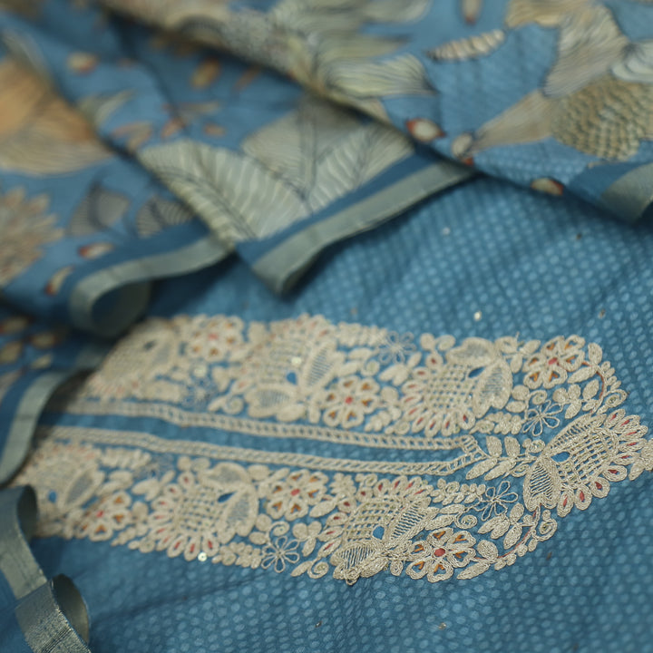 Bekhudi Ocean Blue Zari Embellish Neck Work Tussar Chanderi Suit Set D2