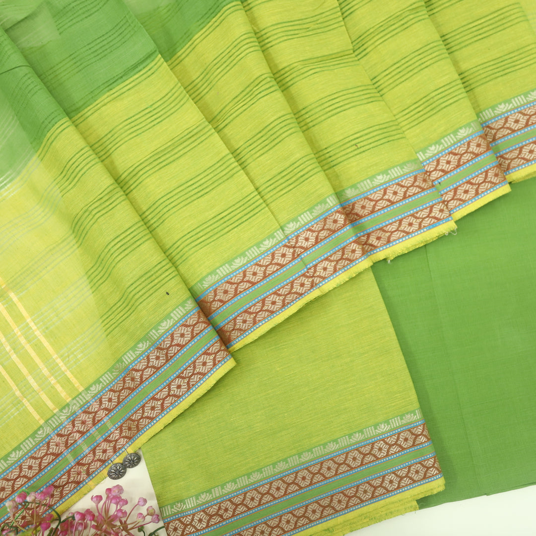 Sanskruti Parrot Green South Cotton Temple Hem Suit Set