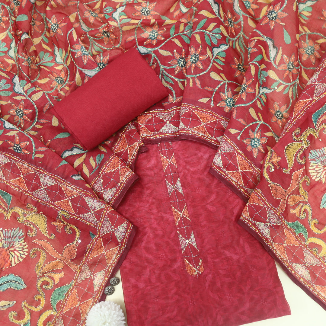 Kanyakumari Ruby Red Embroidered Neck with Kantha Work Dupatta
