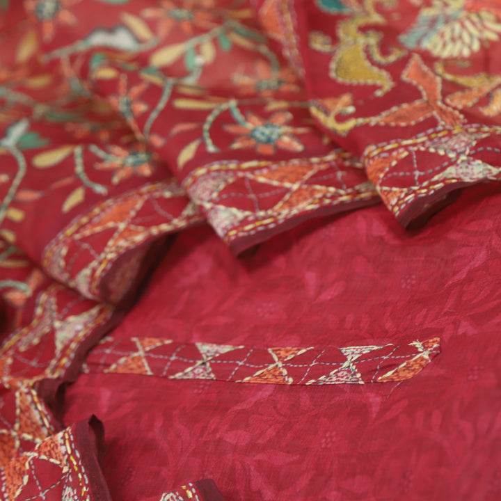 Kanyakumari Ruby Red Embroidered Neck with Kantha Work Dupatta