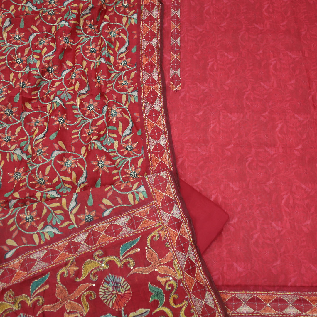 Kanyakumari Ruby Red Embroidered Neck with Kantha Work Dupatta