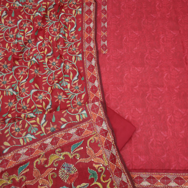 Kanyakumari Ruby Red Embroidered Neck with Kantha Work Dupatta