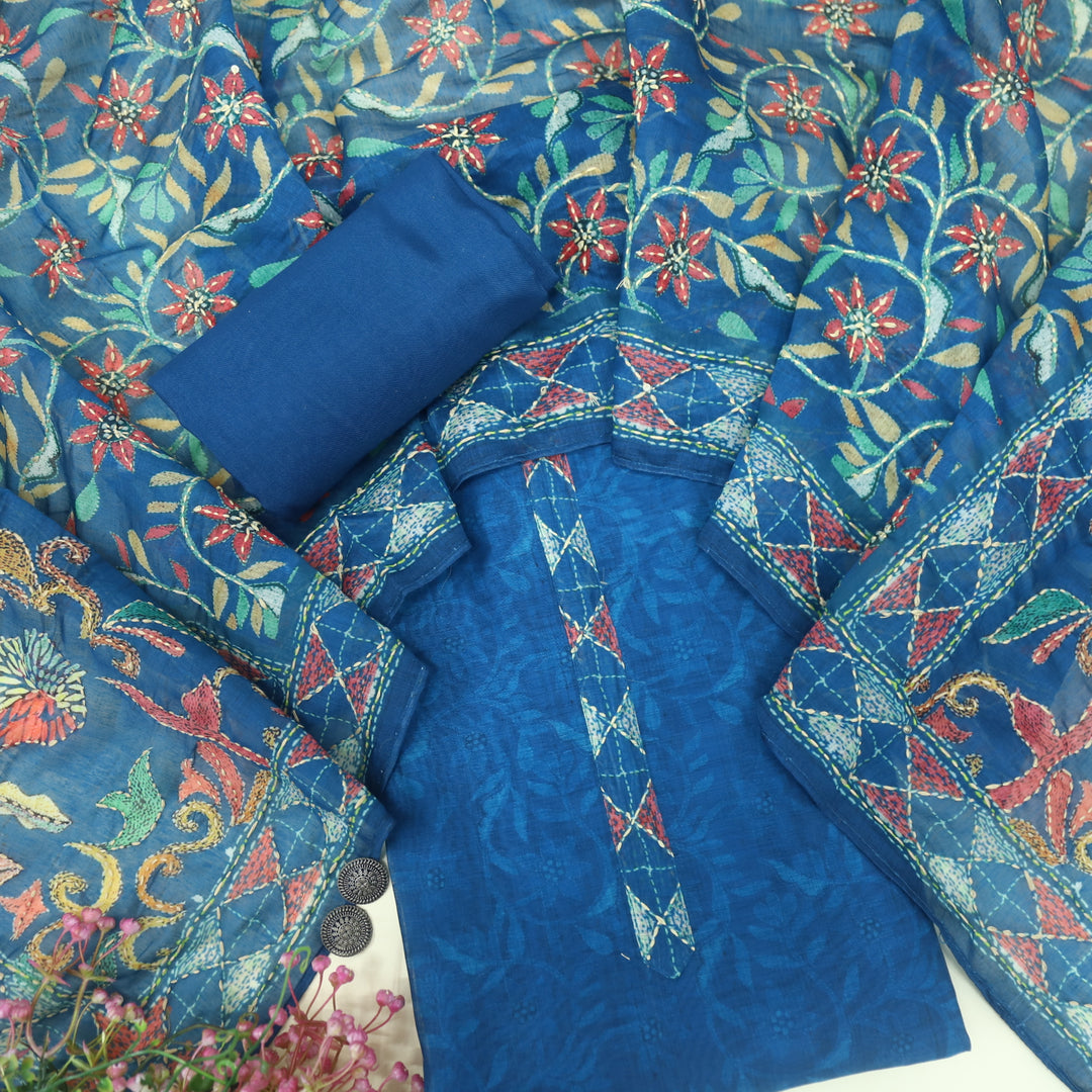 Kanyakumari Yale Blue Embroidered Neck with Kantha Work Dupatta