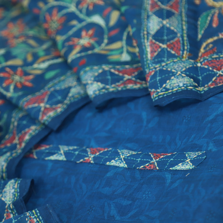 Kanyakumari Yale Blue Embroidered Neck with Kantha Work Dupatta