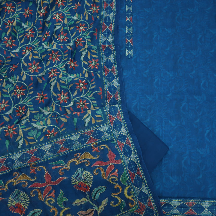 Kanyakumari Yale Blue Embroidered Neck with Kantha Work Dupatta
