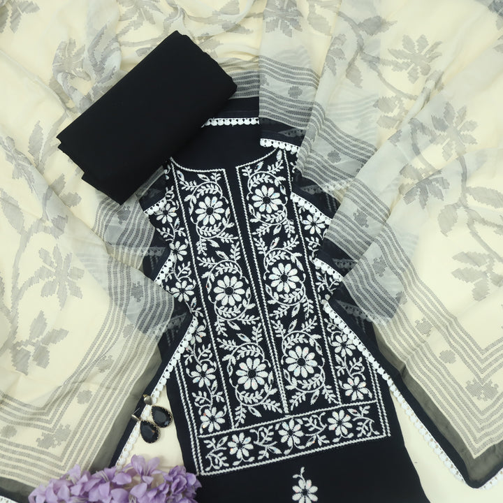 Kanyakumari Leather Black Thread Work Neckline Cotton Top Suit Set