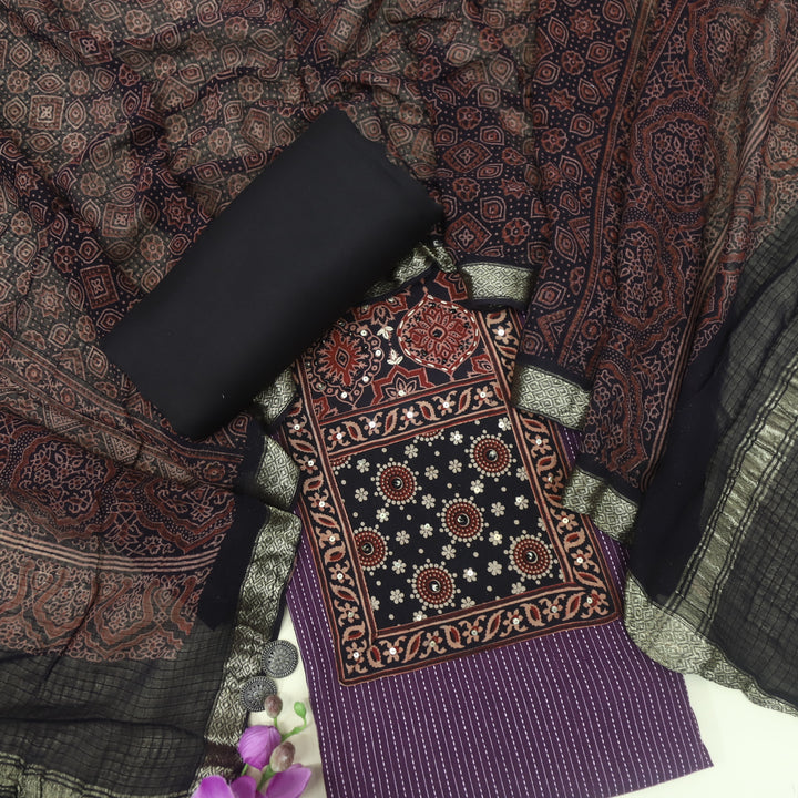 Rushna Plum Purple Ajrak Printed Patch with Kantha Cotton Suit Set