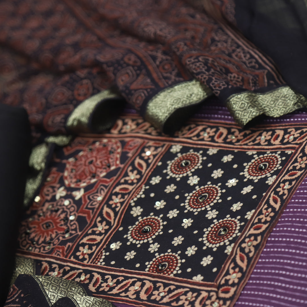 Rushna Plum Purple Ajrak Printed Patch with Kantha Cotton Suit Set